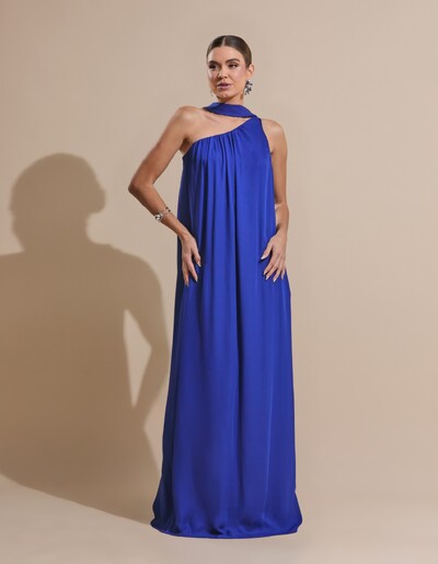 Foto Vestido de Festa Longo Crepe Fluido um Ombro Só com Lenço Azul Royal