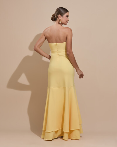 Foto Vestido Longo com Fenda de Babados Alfaiataria Amarelo Manteiga