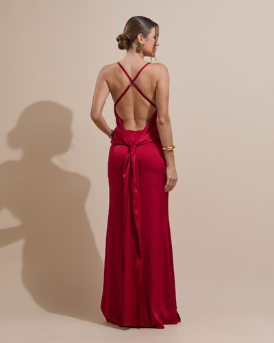 FotoVestido de Festa Longo Costas Abertas Laço Cetim Decote V Marsala