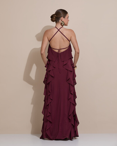 Foto Vestido de Festa Longo Crepe Chiffon Frente Única Babados Cascata e Flor Marsala