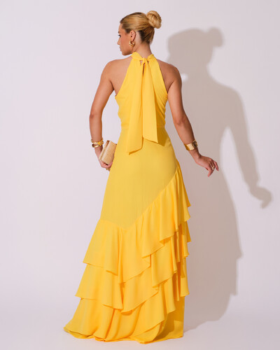 FotoVestido de Festa Longo Chiffon Crepe Gola Alta Babados Amarelo
