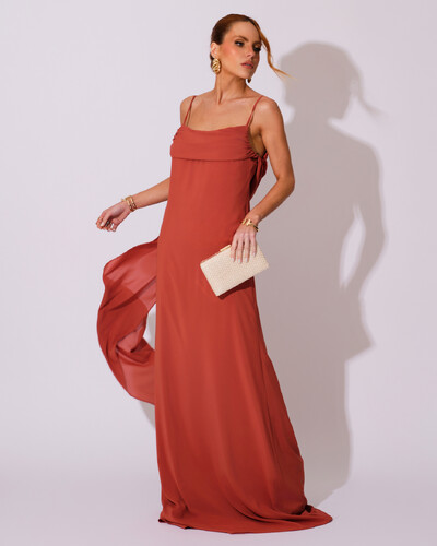 Foto Vestido de Festa Longo Crepe Chiffon Costas Lenço Cauda Terracota