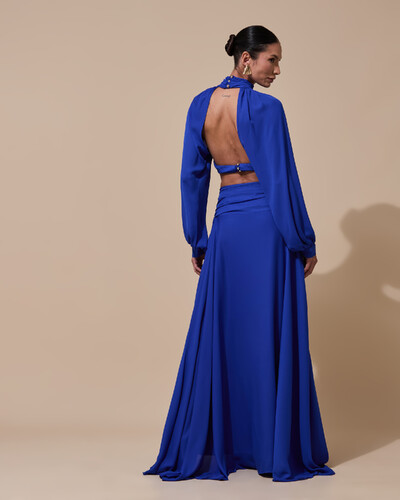 Foto Vestido de Festa Longo Gola Alta Crepe Chiffon Recortes Drapeado Manga Longa Fenda Azul Royal