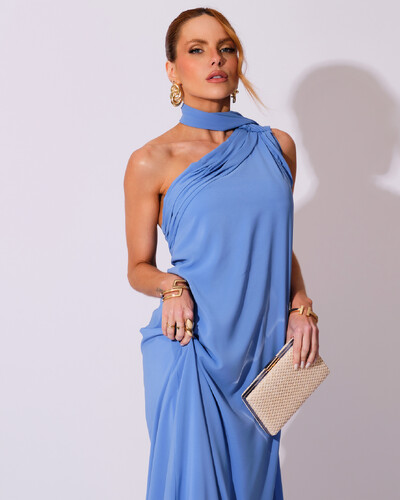 FotoVestido de Festa Longo Crepe Chiffon Um Ombro Só Drapeado Azul Atlantis