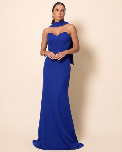 Foto Vestido de Festa Longo Alfaiataria Tomara que Caia Saia Sereia com Lenço Azul Royal
