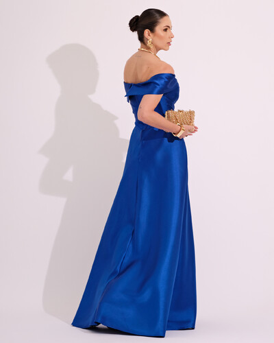 FotoVestido de Festa Longo Ombro a Ombro Laço Zibeline com Fenda Azul Royal