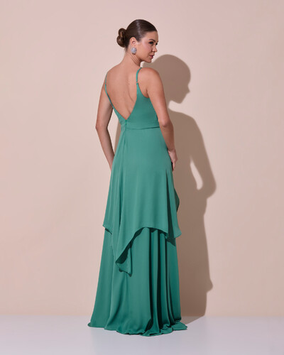 Foto Vestido de Festa Longo Decote Coração Plissado Crepe Chiffon Babados Cascata Verde Matcha Escuro
