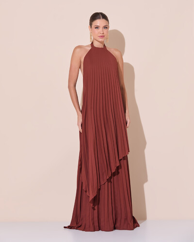 Foto Vestidos de Festa Longo Chiffon Fluido Frente Única Plissado Duplo Marrom New