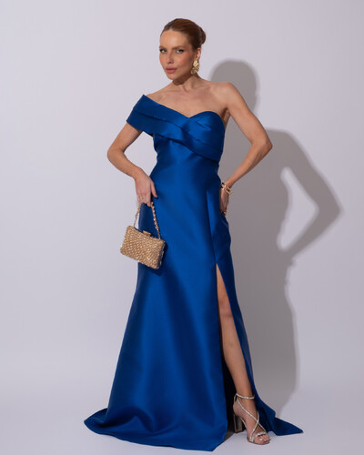 Foto Vestido de festa Longo Zibeline Faixa Drapeada Ombro e Fenda Azul Royal