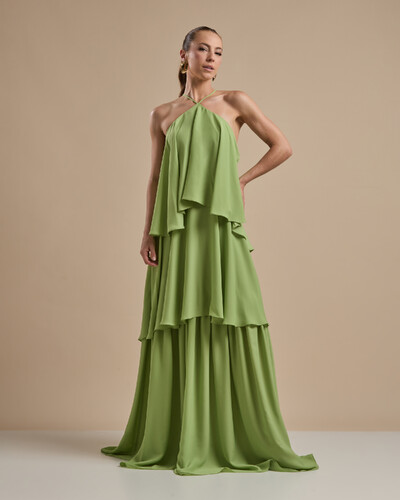 Foto Vestido Longo Babado em Camadas Verde Garden