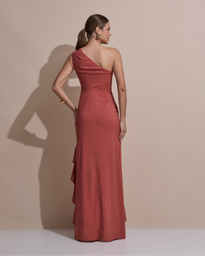 Foto Vestido de Festa Midi Um Ombro Só Crepe Chiffon Babados Cascata Fenda Terracota