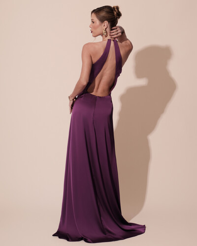 FotoVestido de Festa Longo Cetim Fluido com Argola Frente Única Roxo