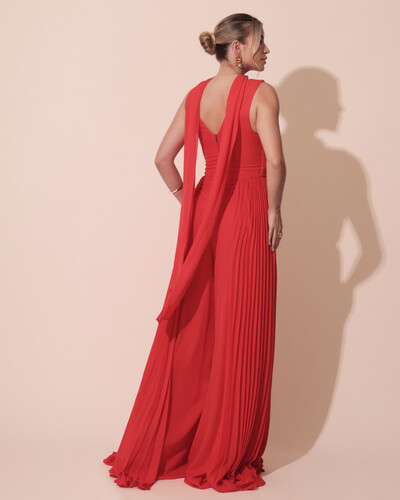 FotoMacacão de Festa Longo Crepe Pantalona Plissado e Lenço Vermelho New