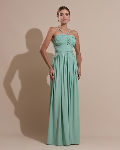 Foto Vestido de Festa Longo Crepe Chiffon Drapeado com Alças Finas Verde Menta