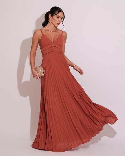 Foto Vestido de Festa Longo Plissado Crepe Chiffon com Alça Terracota