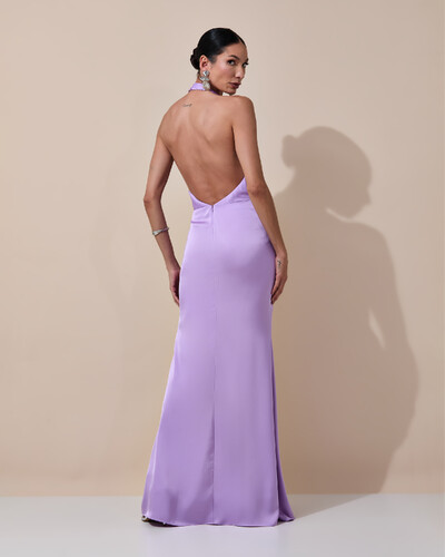 Foto Vestido de Festa Longo Frente Única Decote V Cetim Drapeado Faixa Lilás