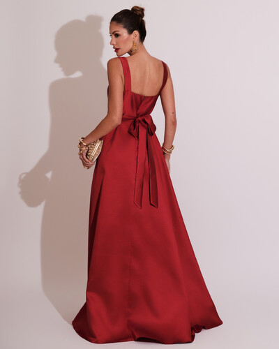 FotoVestido de Festa Longo Zibeline com Fenda e Faixa Marsala
