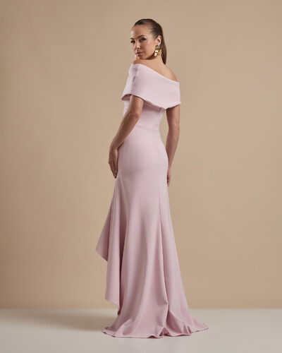 FotoVestido de Festa Longo Alfaiataria Ombro a Ombro com Babado Cascata Rosa Claro