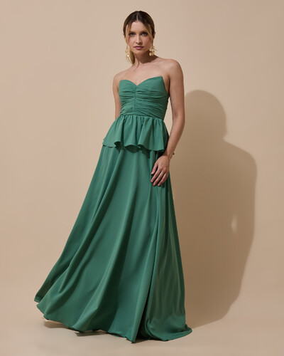 Foto Vestido de Festa Longo Crepe Chiffon Tomara que Caia Peplum Drapeado Verde Matcha Escuro