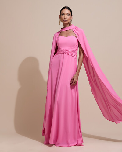 Foto Vestido de Festa Longo Tomara Que Caia Crepe Chiffon Drapeado Capa Rosa