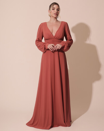 Foto Vestido de Festa Manga Longa com Cintura Drapeada Decote V Terracota
