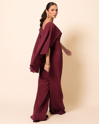 FotoMacacão de Festa Longo Crepe Chiffon com Capa Marsala