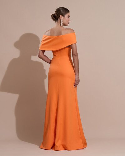 FotoVestido de Festa Longo Alfaiataria Ombro a Ombro com Babado Cascata Laranja