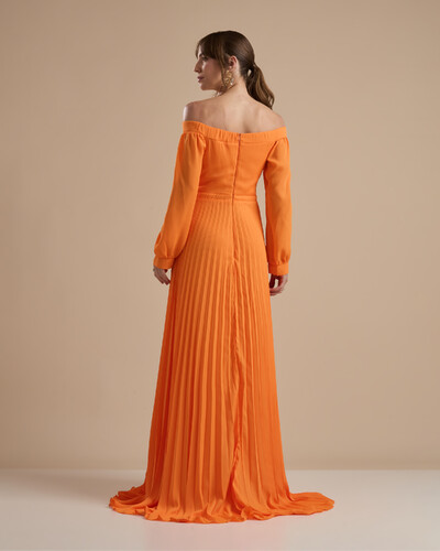 FotoVestido de Festa Longo Crepe Chiffon Plissado Ombro a Ombro Laranja
