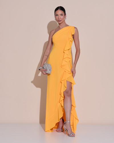 Foto Vestido de Festa Midi Um Ombro Só Crepe Chiffon Babados Cascata Fenda Laranja Manga New