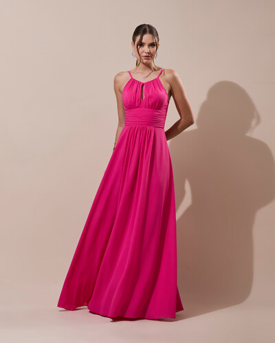 Foto Vestido de Festa Longo Crepe Chiffon Drapeado com Alças e Saia Fluida Pink New