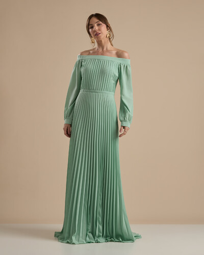 Foto Vestido de Festa Longo Crepe Chiffon Plissado Ombro a Ombro Verde Menta