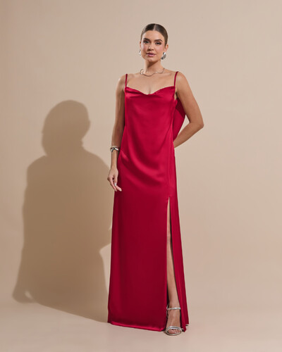 Foto Vestido de Festa Longo Babado Costas Cetim Fluido e Fenda Marsala