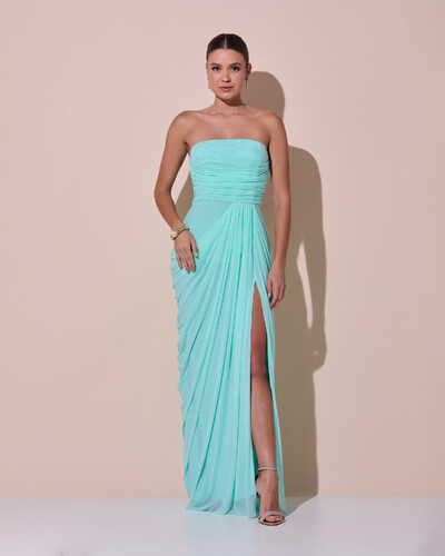 Foto Vestido De Festa Longo Tomara que Caia Tule Drapeado Fenda Tiffany