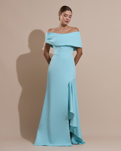 Foto Vestido de Festa Longo Alfaiataria Ombro a Ombro com Babado Cascata Tiffany