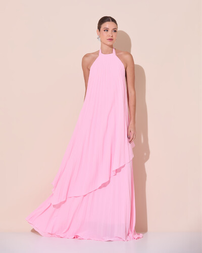 Foto Vestidos de Festa Longo Chiffon Fluido Frente Única Plissado Duplo Rosa Claro
