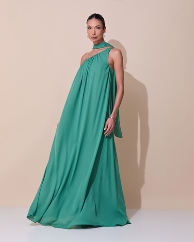 Foto Vestido de Festa Longo Crepe Fluido um Ombro Só com Lenço Verde Matcha Escuro