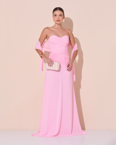 Foto Vestido de Festa Longo Decote Coração Crepe Chiffon Drapeado Plissado Lenço Rosa Claro