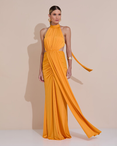 Foto Vestido de Festa Longo Malha Jersey Gola Alta Saia Sereia Laranja Manga New