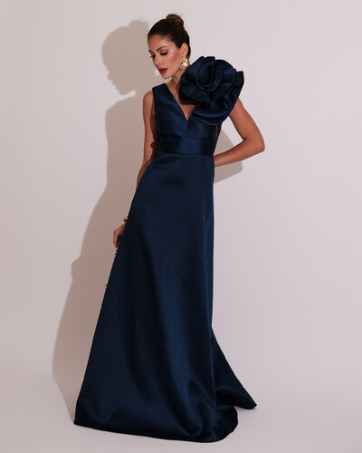 Foto Vestido de Festa longo Zibeline Flor Azul Marinho