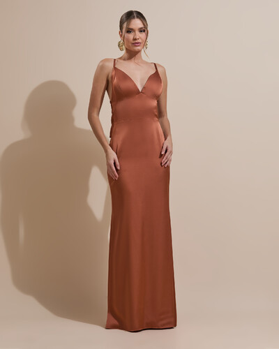 Foto Vestido de Festa Longo Costas Abertas Laço Cetim Decote V Mocha Mousse
