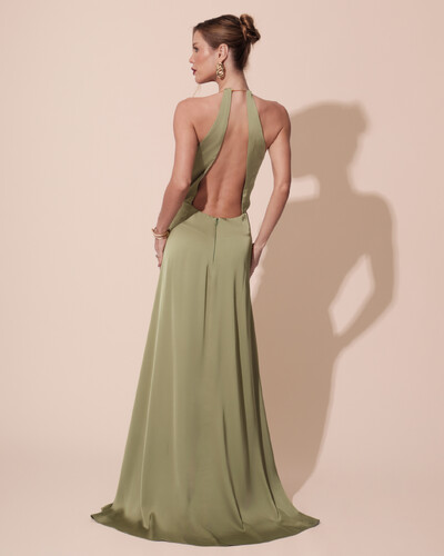 FotoVestido de Festa Longo Cetim Fluido com Argola Frente Única Verde Pistache