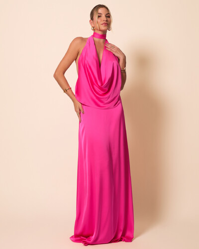 Foto Vestido de Festa Longo Cetim Fluido Frente Única Degagê Mil Formas Pink New