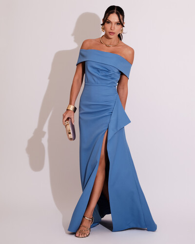 Foto Vestido de Festa Longo Ombro a Ombro com Fenda em Alfaiataria Azul Atlantis