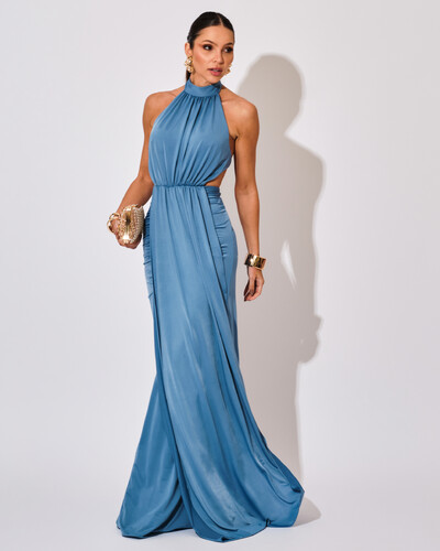 Foto Vestido de Festa Longo Malha Jersey Gola Alta Saia Sereia Azul Atlantis