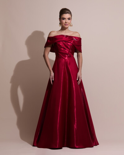 Foto Vestido de Festa Longo Cetim Cristal Ombro a Ombro Drapeado Vermelho