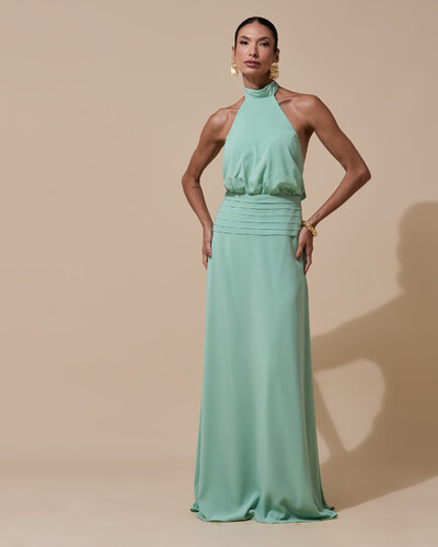 Foto Vestido de Festa Longo Frente Única Busto Blousê Crepe Chiffon Drapeado Verde Menta