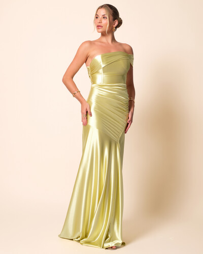 Foto Vestido de Festa Longo Cetim Malha Metálico Ombro a Ombro Verde Lima