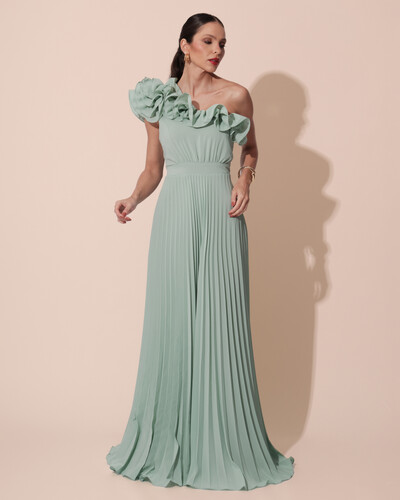 Foto Vestido de Festa um Ombro Só Flor Saia Plissado Verde Menta