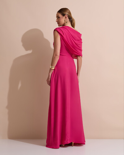 Foto Vestido de Festa Longo Um Ombro Só Crepe Chiffon Capa Drapeado Pink Escuro
