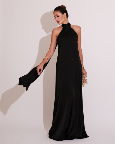 Foto Vestido de Festa Gola Alta com Decote nas Costas Acetinado Preto